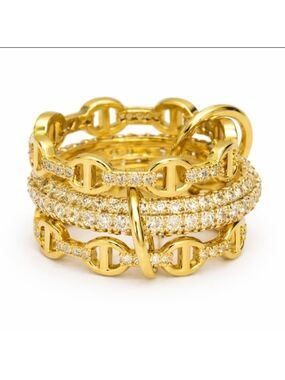 Designer Inspired Plated Stacked Interlocked Chain Link And CZ Size 9 Ring